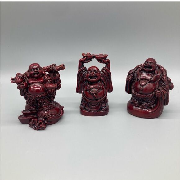 Vintage Red Resin Set 3 Laughing Buddha Collectible Figures Home Decor EUC - Picture 1 of 12